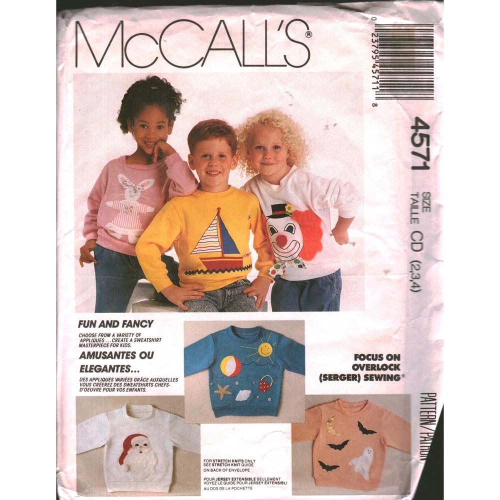 McCall's 4571 Kids Sweatshirt Applique Sewing Pattern Size CD 2 3 4 Vintage 1989